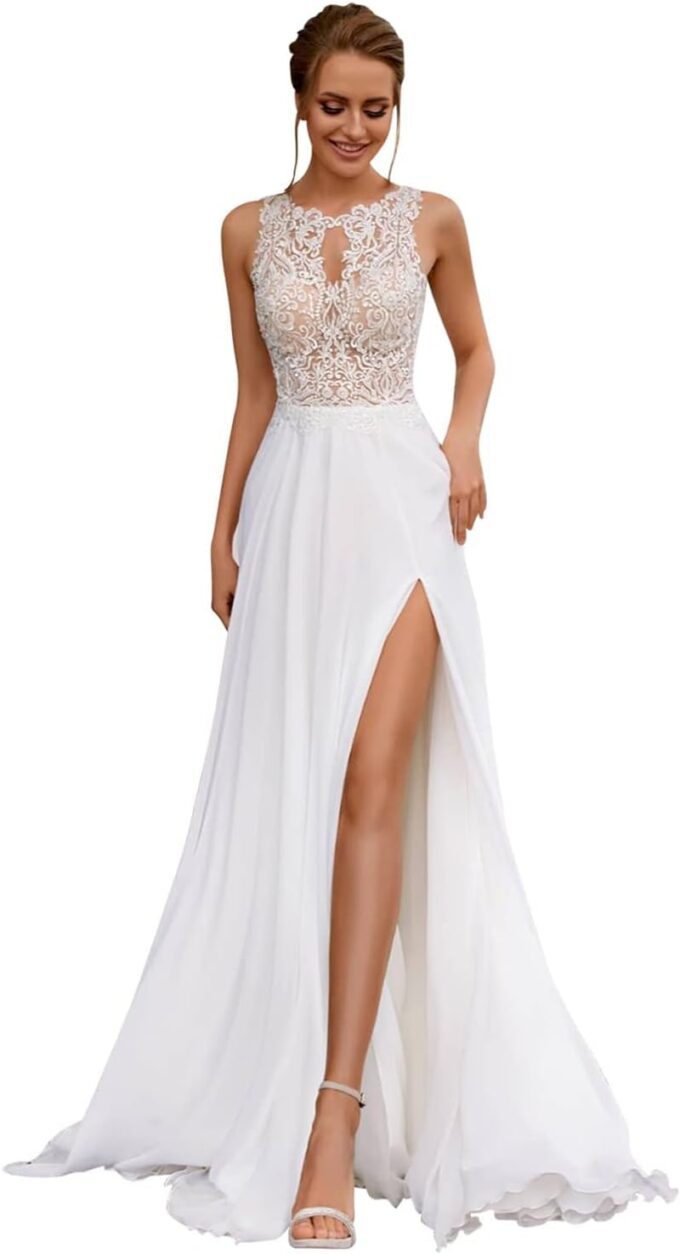 HUINI Brautkleid Lang A-Linie Boho Hochzeitskleid für Damen Standesamt Strand Brautmode Maxikleid