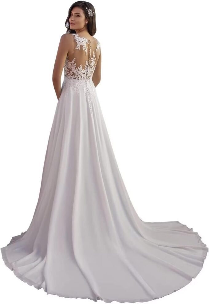 PSFVHHQI Hochzeitskleid Brautkleider Langarm V-Ausschnitt Standesamt Brautmode Brautkleider, White 14, 44
