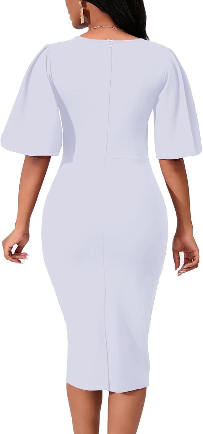 Damen Bleistiftkleid, figurbetont, Rüschen, ausgestellt, kurze Ärmel, Arbeit, Midi-Kleid, Business, Büro, Freizeit – Bild 2