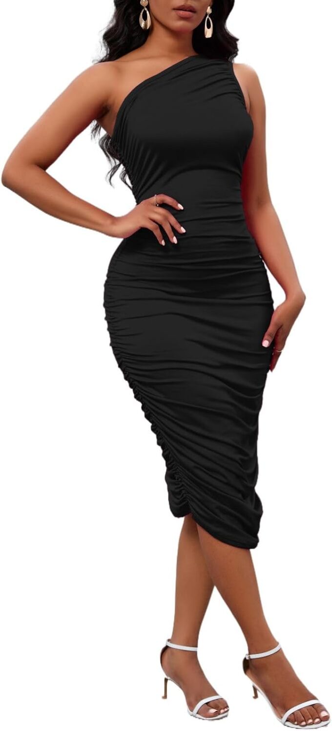 Women's Sexy One Shoulder Dresses Sleeveless Party Club Ruched Cocktail Wedding Guest Bodycon Midi Dress – Bild 5