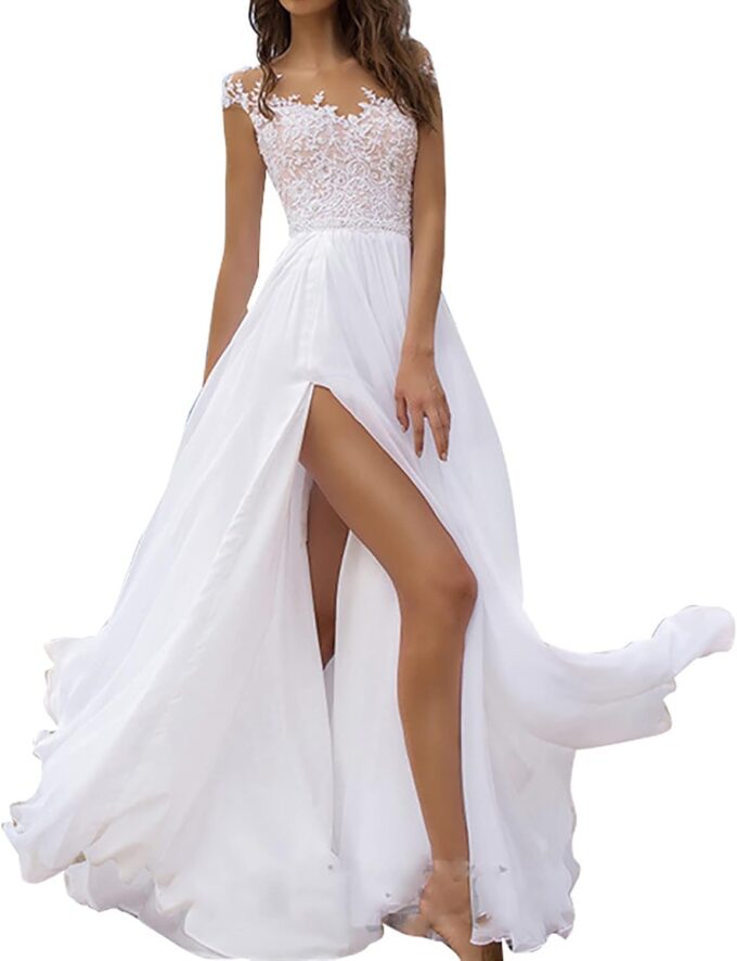 CUTTE Sommer Chiffon Hochzeitsgast Kleid Spitze Boho Brautkleider für Frauen Abend Ballkleider Maxi Schlitz Brautjungfernkleid Kleider mit Schlitz