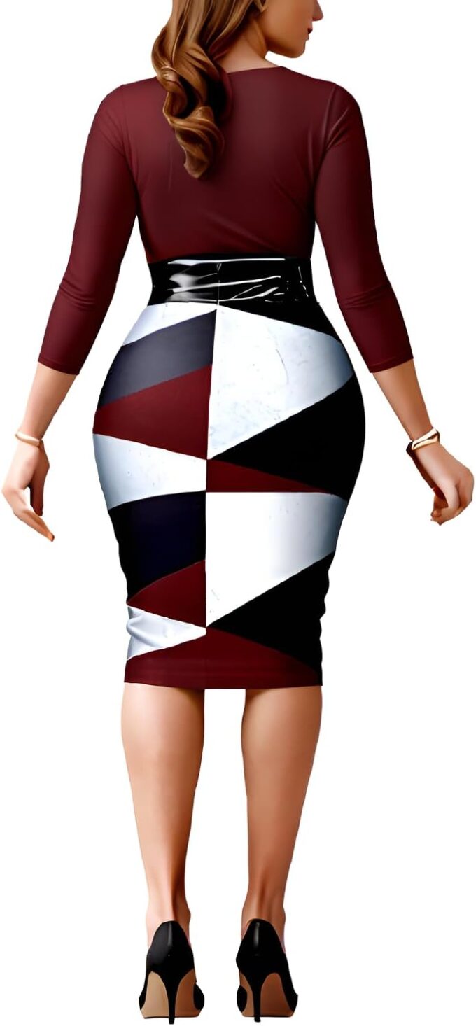 Glozeplus Bodycon Dresses for Women Sexy Pencil Business Work Floral Print Midi Dress Fashion with Belt – Bild 2