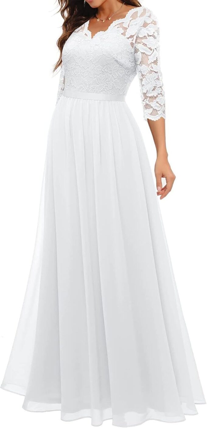 Abendkleid Damen Lang, Spitze V-Ausschnitt Brautjungfernkleider Ballkleid Bodenlang Langarm Cocktailkleid Für Damen – Bild 4