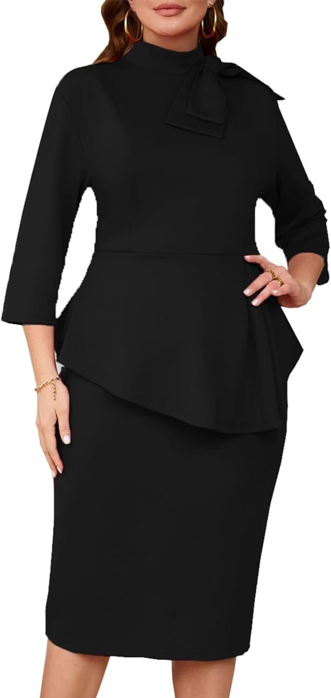 Kleid in Übergröße für kurvige Frauen, halbformell, Cocktail-Party, Midi-Kleid, figurbetont, langärmelig, Schleife, Rüschen, Bleistiftkleider – Bild 3