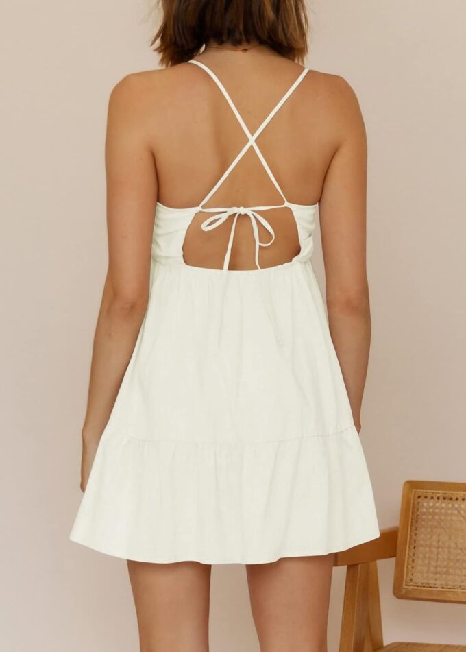 Womens V Neck Crisscross Backless Dresses Tie Back Sleeveless Ruffle Hem Flowy Swing A-Line Vintage Summer Mini Dress – Bild 3