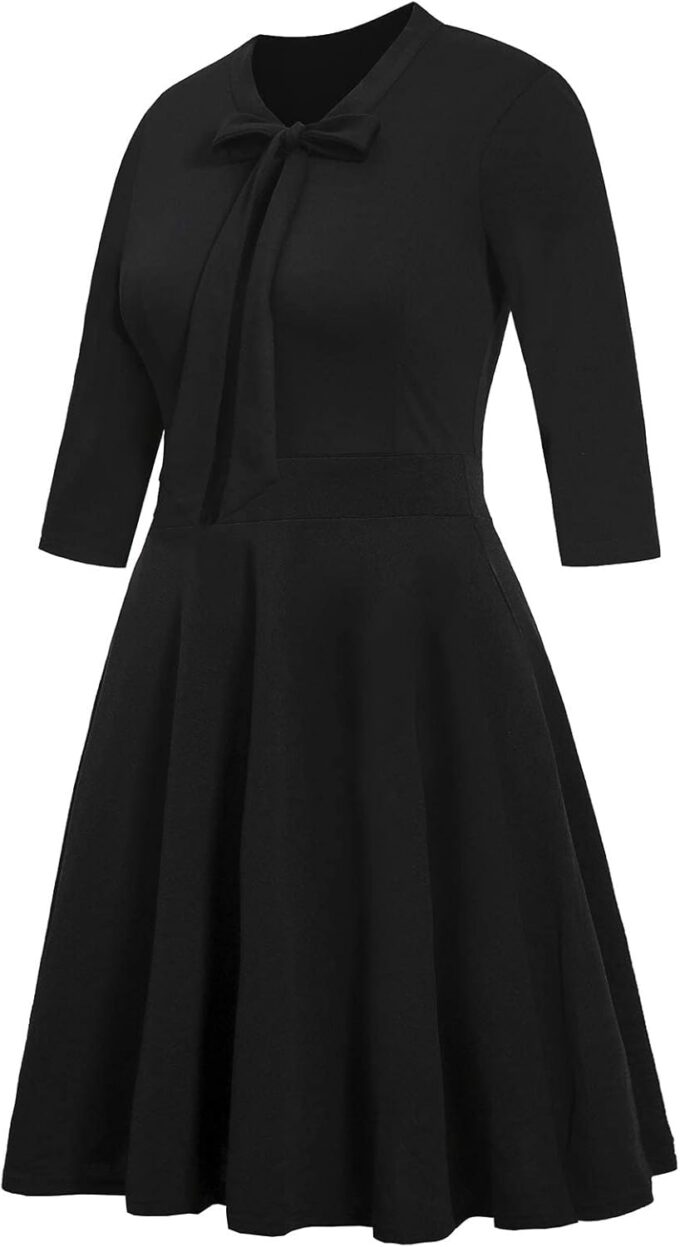 BEDOAR Damen Plus Size Kleid Vintage Fliege Hals Casual Business Arbeit Knielang A-Linie Kleider mit Taschen – Bild 4