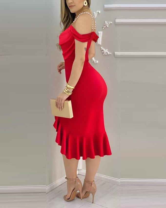 CHICME Womens Sexy Bodycon Party Dress Off The Shoulder Pearls Strap Midi Dress Ruffle Hem Cocktail Dresses – Bild 3
