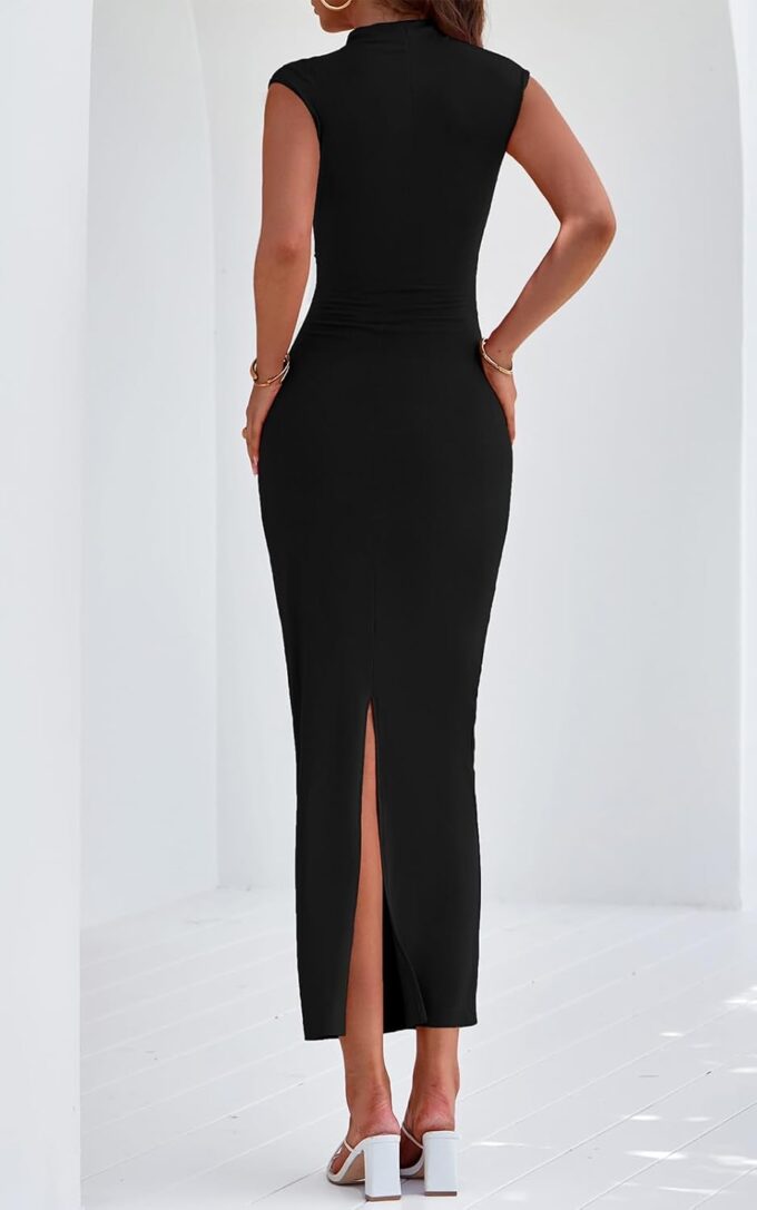 PRETTYGARDEN Women's Summer Maxi Dress Ruched Bodycon Sleeveless Formal Wedding Guest Elegant Cocktail Party Slit Dresses – Bild 3