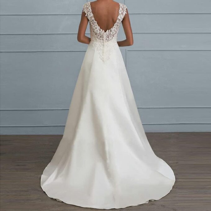 YOUCAI Damen Abendkleider Hochzeitskleid V-Ausschnitt Romantisches Elegant Partykleid Lang Spitze Maxikleid Brautkleider – Bild 3