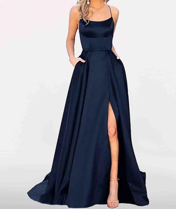 HAHAEMMA Damen Elegant Lange Ballkleider mit Taschen Satin A-Linie Backless Hochzeitskleid Abendkleider Sexy Neckholder Spaghetti Brautkleid Kleider Lang Prinzessin Brautjungfer Kleid – Bild 2