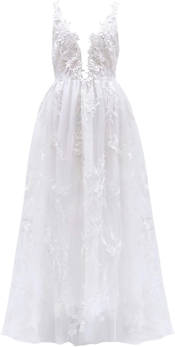 Brautkleid V-Ausschnitt Brautkleider Spitze Hochzeitskleider für Damen Brautkleid Standesamt Kleider Braut A-Linie Tüll Kleid Brautkleid Prinzessin Ballkleider Lang mit Schleppe – Bild 5