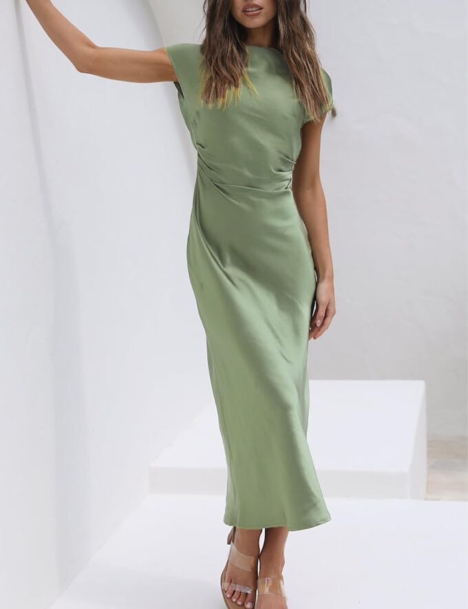 2025 Satin Cap Sleeve Cowl Back Summer Dresses for Women Elegant Ruched Waist Wedding Guest Midi Dress – Bild 2