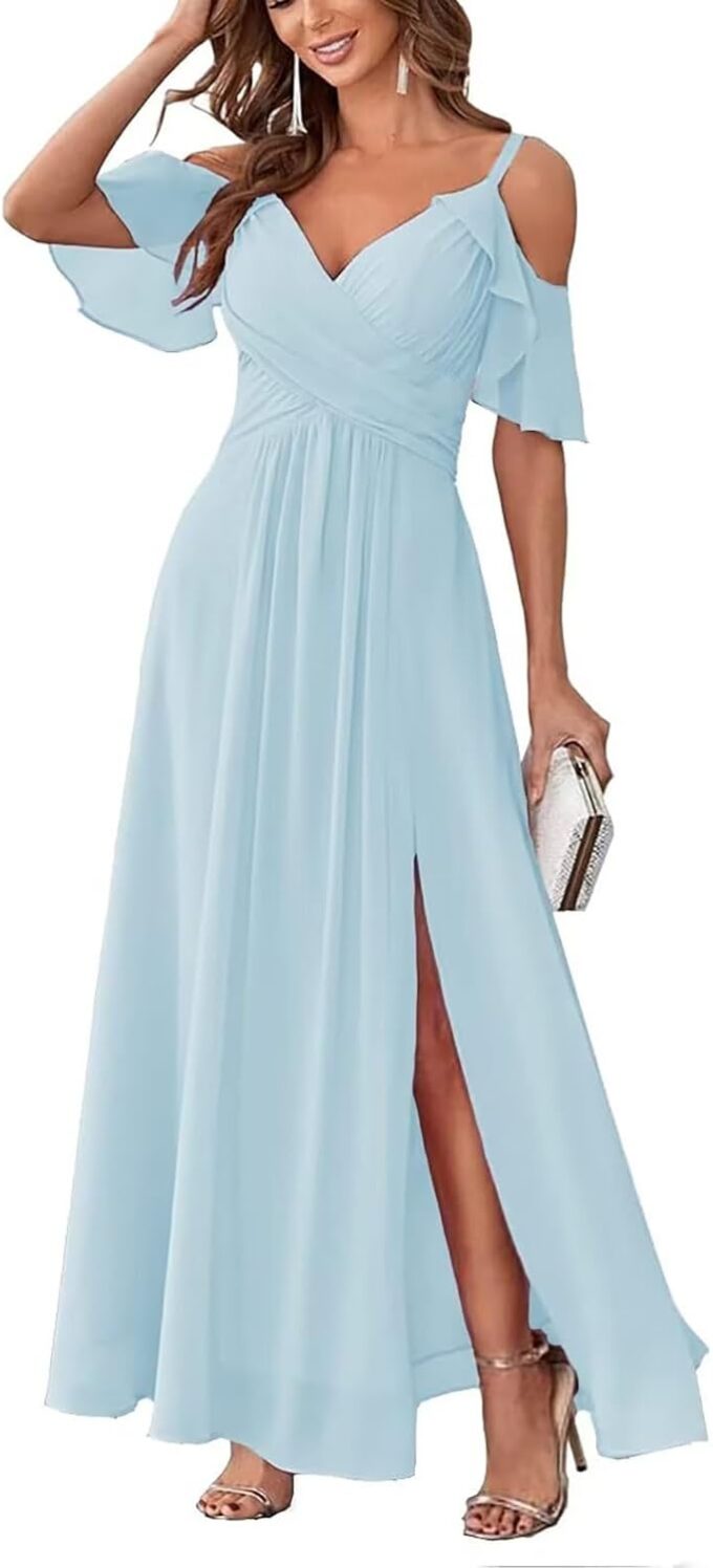 Damen Schulterfrei Brautjungfernkleider lang Chiffon plissiert formelle Abendkleider A Linie Spaghetti-träger Ballkleider