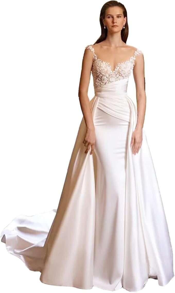 Frauen Spaghettiträger Satin Meerjungfrau Brautkleider Spitze Applique mit Abnehmbarem Zug Brautkleider, APZKNHDA, Elfenbeinfarben, 36