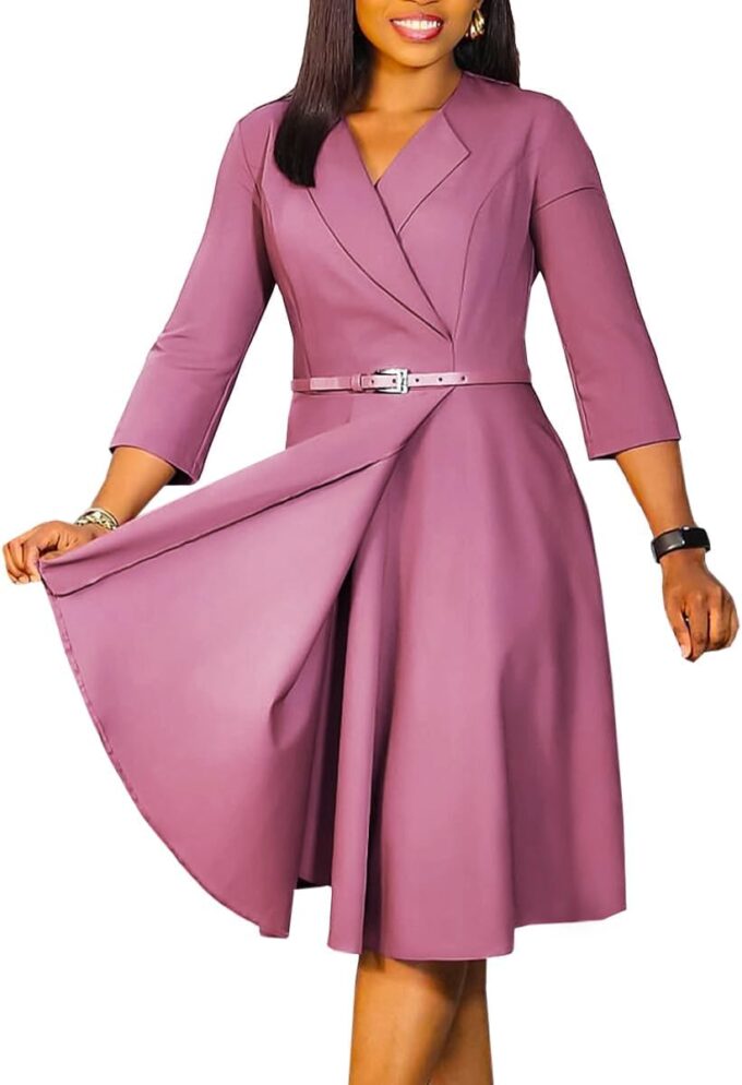 Elainone Damenkleid, 3/4-Ärmel, lässig, schwingend, ausgestellt, A-Linie, Hochzeit, Gast, halbformell, Büro, Arbeit, Kleider mit Gürtel – Bild 2