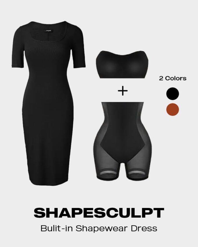 Built-in Removable Shapewear Bra Pad Bodycon Midi Dress Knitted Ribbed Square Neck Short Sleeve Basic Party Dresses – Bild 6