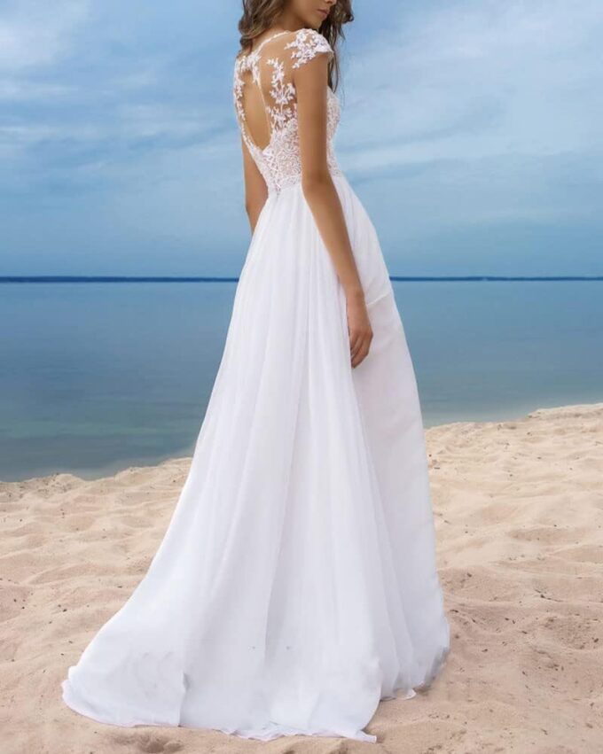 Brautkleid Hochzeitskleid A-Linie Stickerei Damen Lang Hochzeitskleider Spitze Brautmode Rückenfrei Vintage A Linie Brautkleid Abendkleider – Bild 4