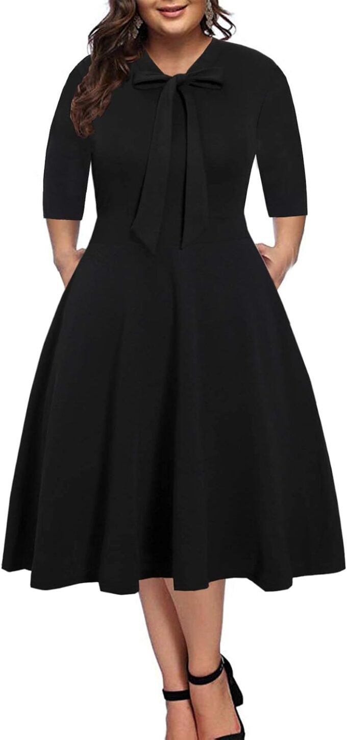 BEDOAR Damen Plus Size Kleid Vintage Fliege Hals Casual Business Arbeit Knielang A-Linie Kleider mit Taschen