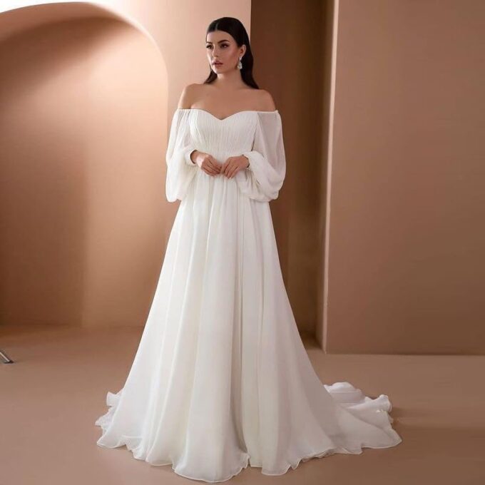Brautkleid Lang Chiffon Abendkleider Elegant Für Hochzeit Hochzeitskleid Weiß Maxikleid Schulterfrei Brautjungfernkleider Festliches Cocktailkleid Rückenfrei Brautkleid Standesamt A Linie – Bild 4