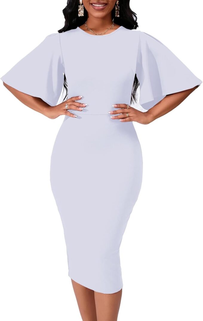 Damen Bleistiftkleid, figurbetont, Rüschen, ausgestellt, kurze Ärmel, Arbeit, Midi-Kleid, Business, Büro, Freizeit