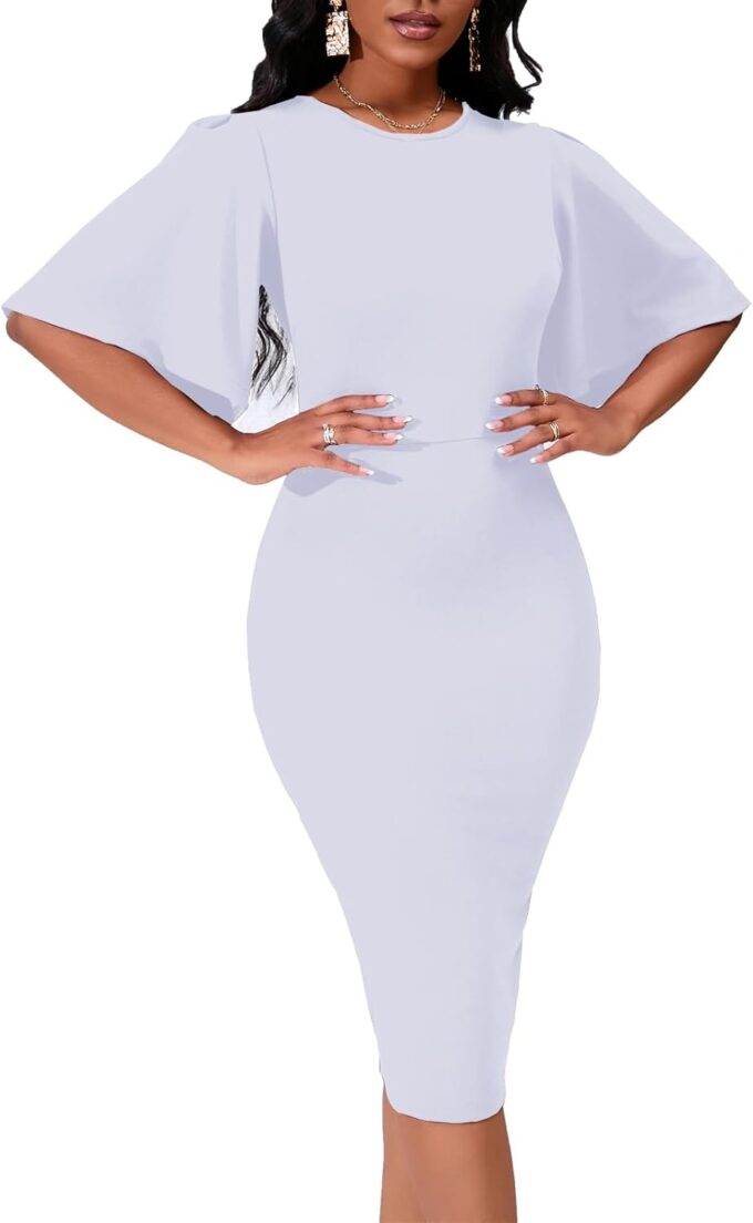 Damen Bleistiftkleid, figurbetont, Rüschen, ausgestellt, kurze Ärmel, Arbeit, Midi-Kleid, Business, Büro, Freizeit – Bild 3
