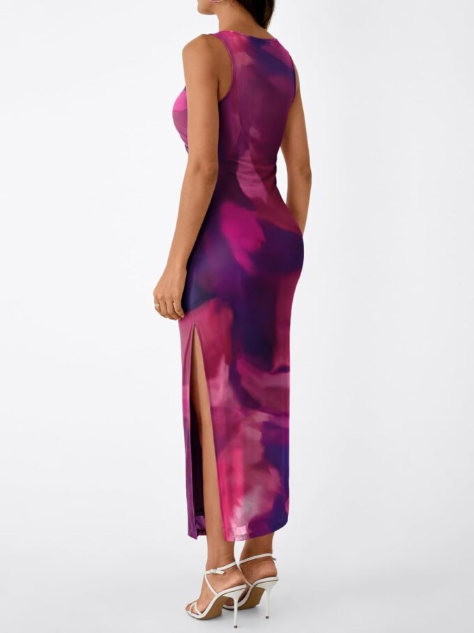 Trendy Queen Bodycon Maxi Dress Womens Sleeveless Floral Print Fitted Party Club Ruched Dresses with Side Slit – Bild 4