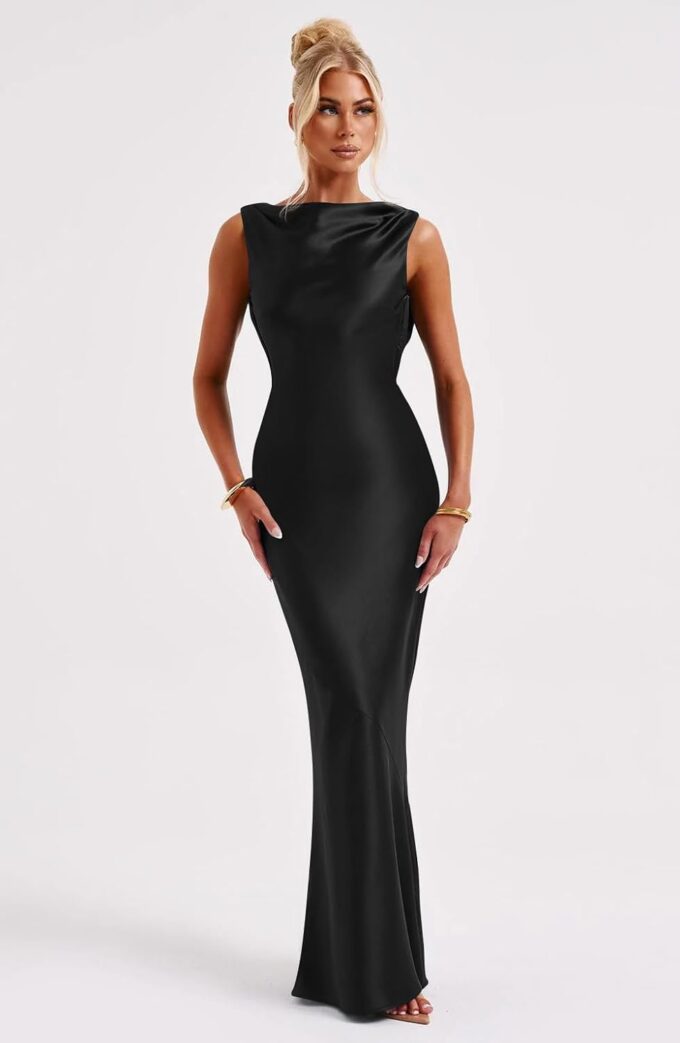 Memoriesea Women's Satin Elegant Sleeveless High Neck Tie Cocktail Party Maxi Dress – Bild 2