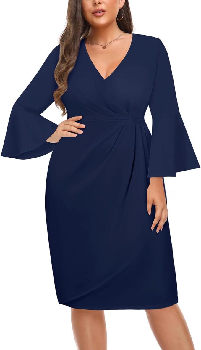 Talisea Damenkleid in Übergröße, halbformell, für Hochzeit, Gast, Kirche, Büro, Interview, V-Ausschnitt, Glockenärmel – Bild 2