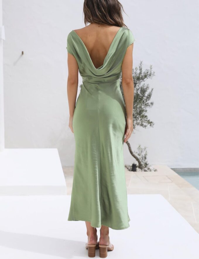 2025 Satin Cap Sleeve Cowl Back Summer Dresses for Women Elegant Ruched Waist Wedding Guest Midi Dress – Bild 5
