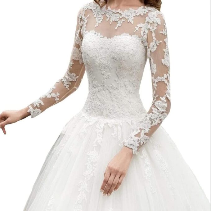 CongMing-huajia Hochzeit Damen Hochzeitskleid Hochzeiten Kleider Lang Abendkleid Hochzeitskleid Spitze Maxikleid Stickerei Langarm Weiß – Bild 4