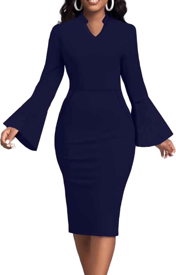 Kirchenkleider für Damen, ausgestellte Ärmel, V-Ausschnitt, Business-Kleidung, für die Arbeit, Vintage-Stil, mittelgroß, Bleistiftkleid, formelles Kleid mit Tasche