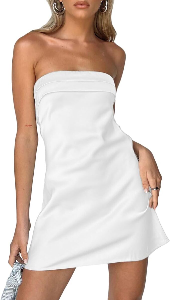 Realtix Womens Satin Silk Backless Strapless Mini Dress Sexy Low Back Tube Club Party Dress for Women