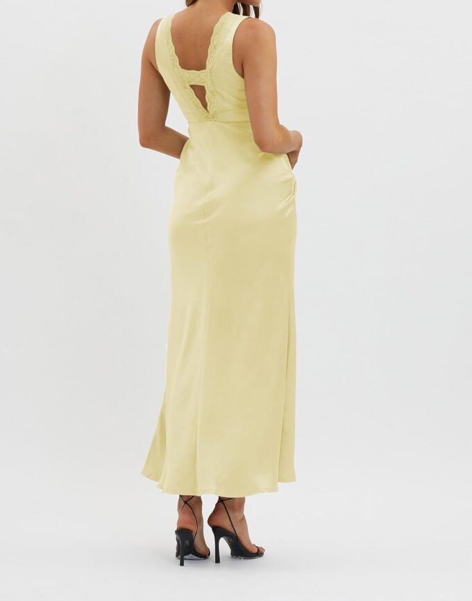 BAGONE Summer Satin Lace V Neck Backless Wedding Guest Maxi Dresses for Women Elegant Sleeveless Open Back Cocktail Dress – Bild 2