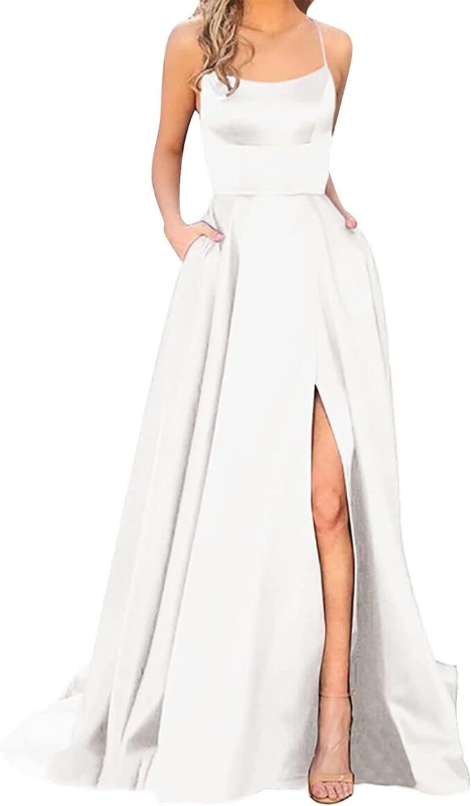 Kleid Hochzeitsgast Damen Elegant Lange Ballkleider Sexy Neckholder Spaghetti Brautkleid Satin A-Linie Hochzeitskleid Abendkleider Lang Seitenschlitz Cocktailkleid Brautjungfer