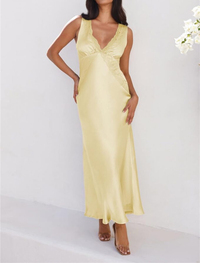 BAGONE Summer Satin Lace V Neck Backless Wedding Guest Maxi Dresses for Women Elegant Sleeveless Open Back Cocktail Dress – Bild 4