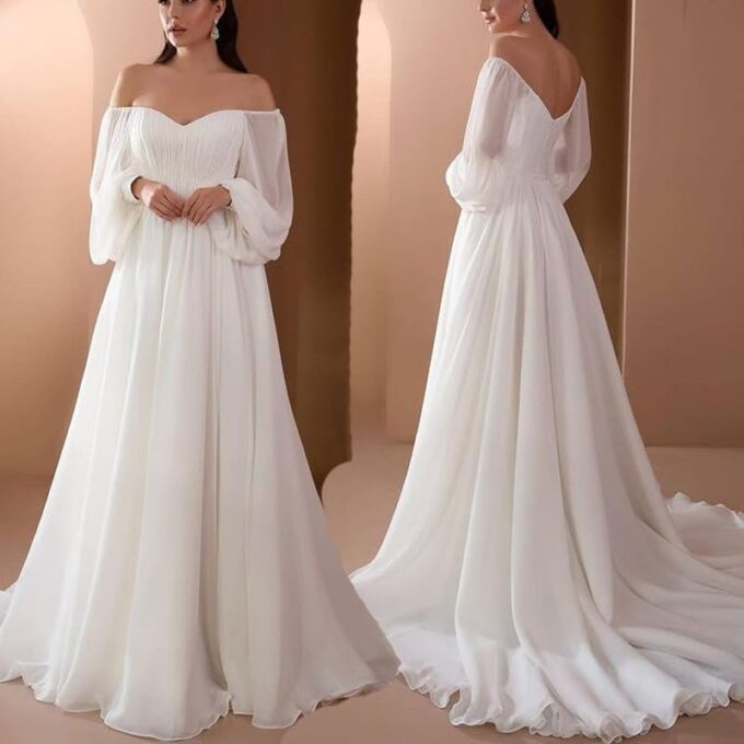 Brautkleid Lang Chiffon Abendkleider Elegant Für Hochzeit Hochzeitskleid Weiß Maxikleid Schulterfrei Brautjungfernkleider Festliches Cocktailkleid Rückenfrei Brautkleid Standesamt A Linie – Bild 2