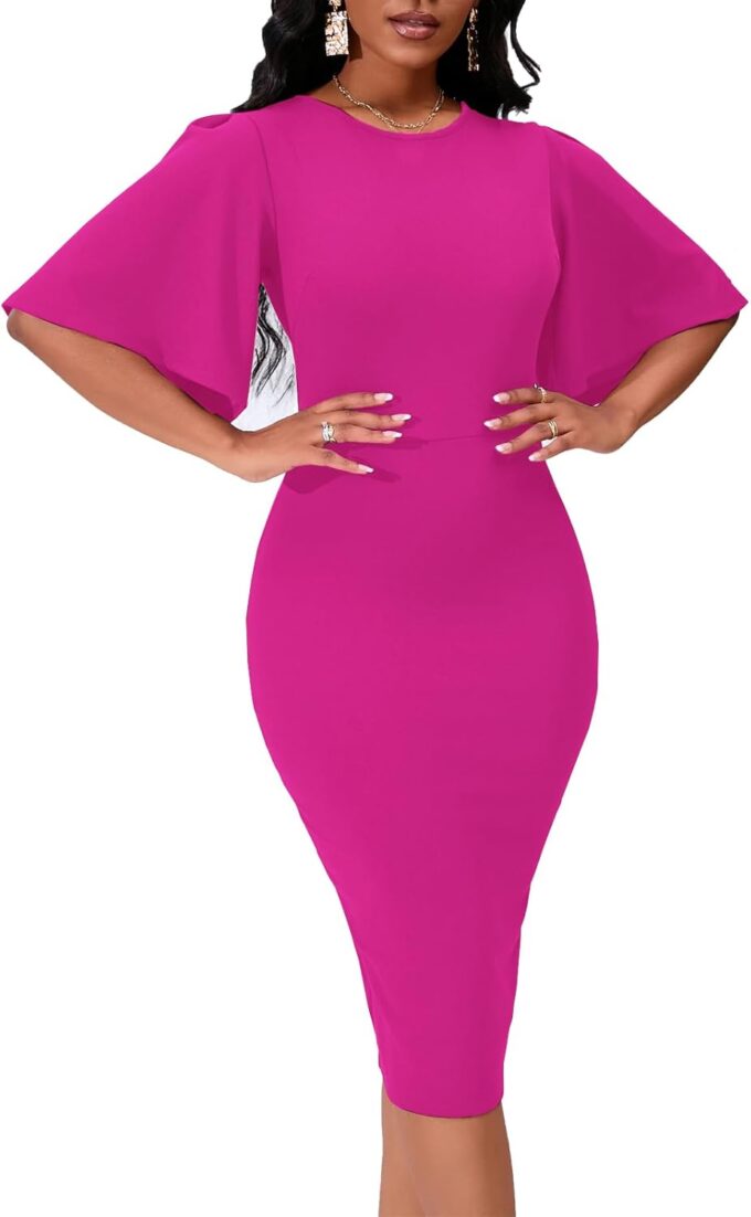Damen Basic Bodycon Rüschen Ausgestelltes Kurzarm Bleistift Midi Kleid – Bild 3