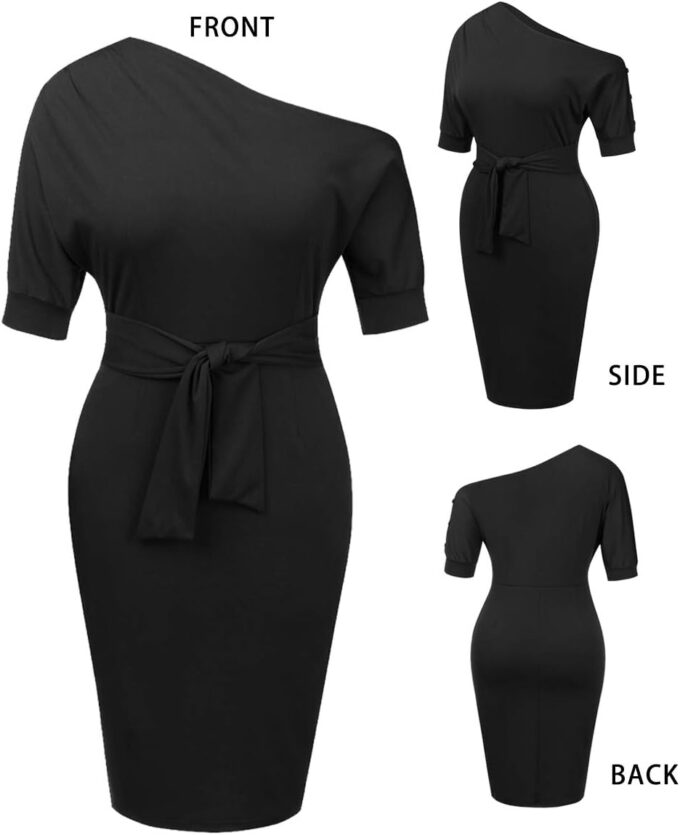 Nature Comfy Elegant Womens Wear to Work Casual one Shoulder Belted Pencil Dress with Pockets – Bild 4
