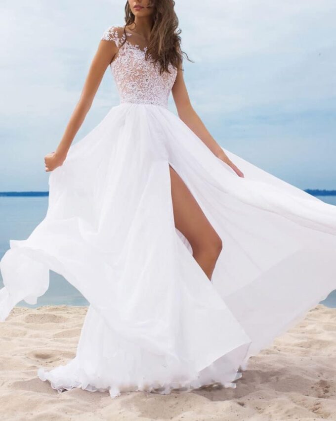 Brautkleid Hochzeitskleid A-Linie Stickerei Damen Lang Hochzeitskleider Spitze Brautmode Rückenfrei Vintage A Linie Brautkleid Abendkleider – Bild 3