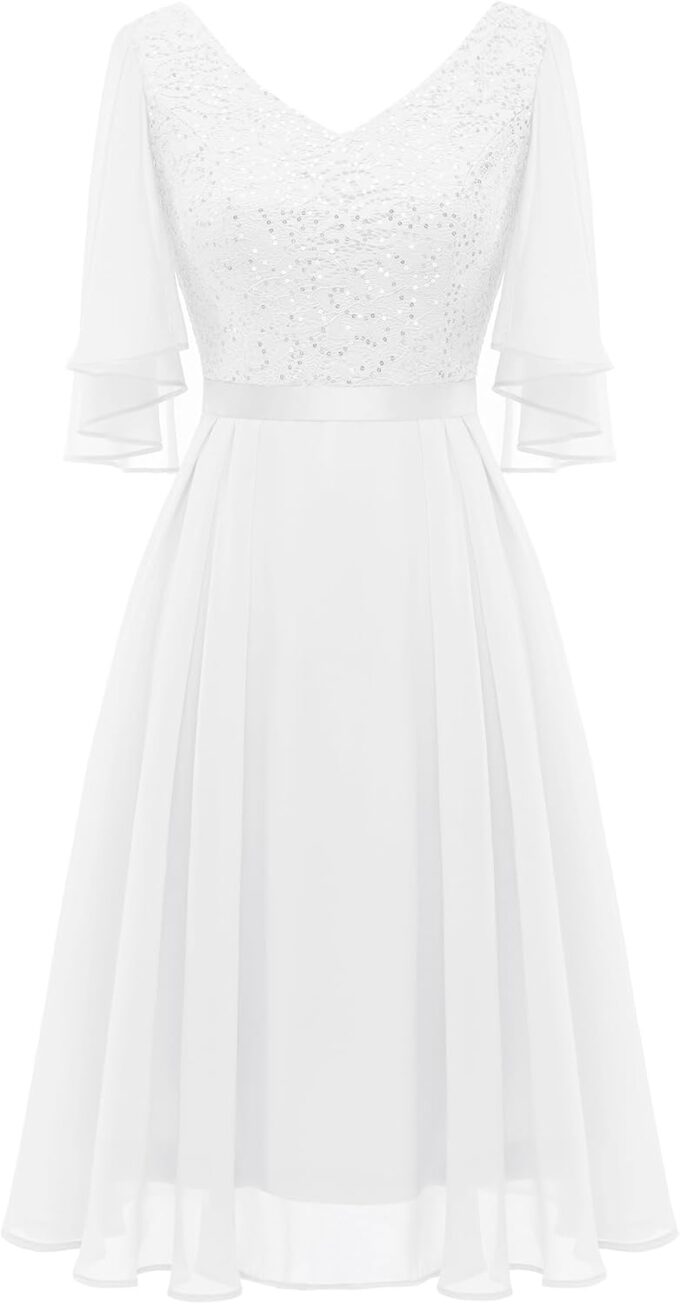 Dressystar Damen Elegant Cocktailkleid V-Ausschnitt Spitzenkleid mit Pailletten Knielang Abendkleider Hochzeit