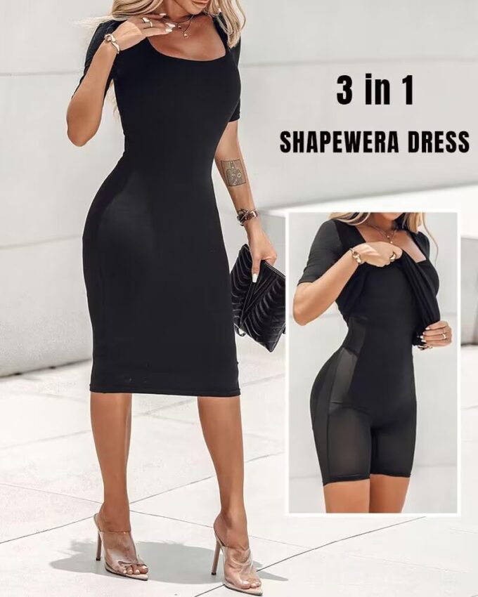Built-in Removable Shapewear Bra Pad Bodycon Midi Dress Knitted Ribbed Square Neck Short Sleeve Basic Party Dresses – Bild 4
