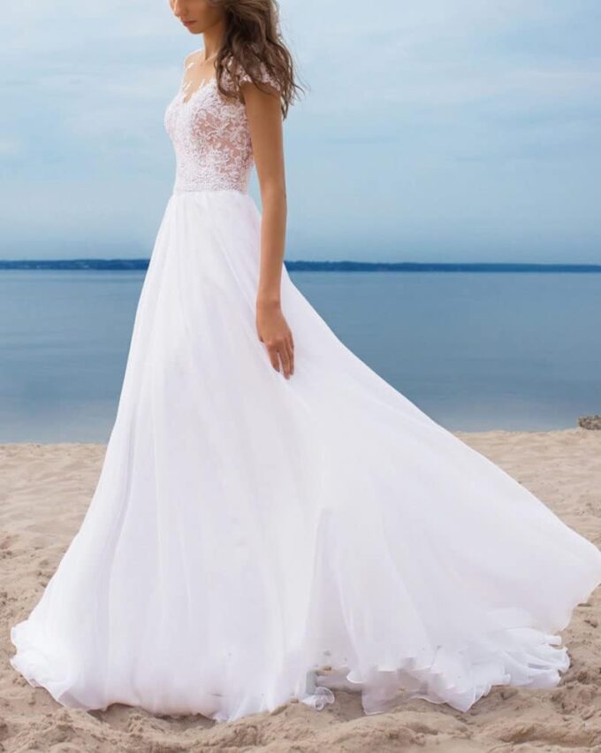 Brautkleid Hochzeitskleid A-Linie Stickerei Damen Lang Hochzeitskleider Spitze Brautmode Rückenfrei Vintage A Linie Brautkleid Abendkleider – Bild 2