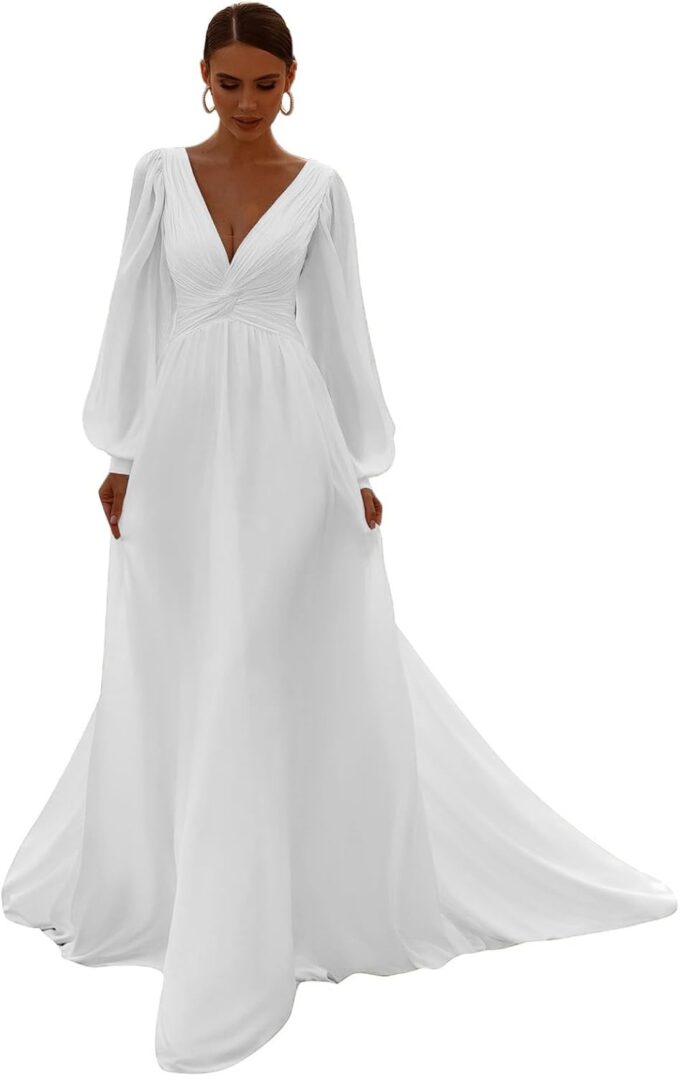 PSFVHHQI Hochzeitskleid Brautkleider Langarm V-Ausschnitt Standesamt Brautmode Brautkleider, White 01, 32