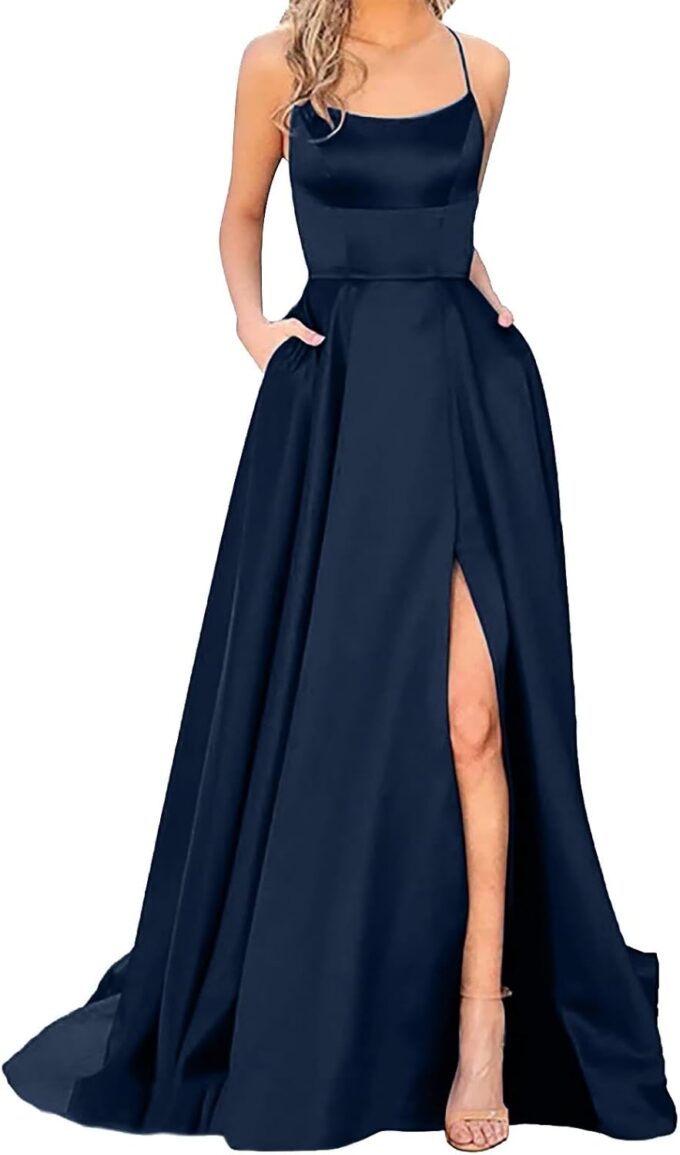 Ballkleider Off Shoulder Kleider Damen Lang Elegant Hochzeit A-Linie Criss-Cross Satin Spaghetti Party Prom Maxi Dress Abendkleider Schlitz Brautkleid Festkleider Damen