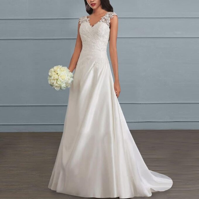 YOUCAI Damen Abendkleider Hochzeitskleid V-Ausschnitt Romantisches Elegant Partykleid Lang Spitze Maxikleid Brautkleider – Bild 2