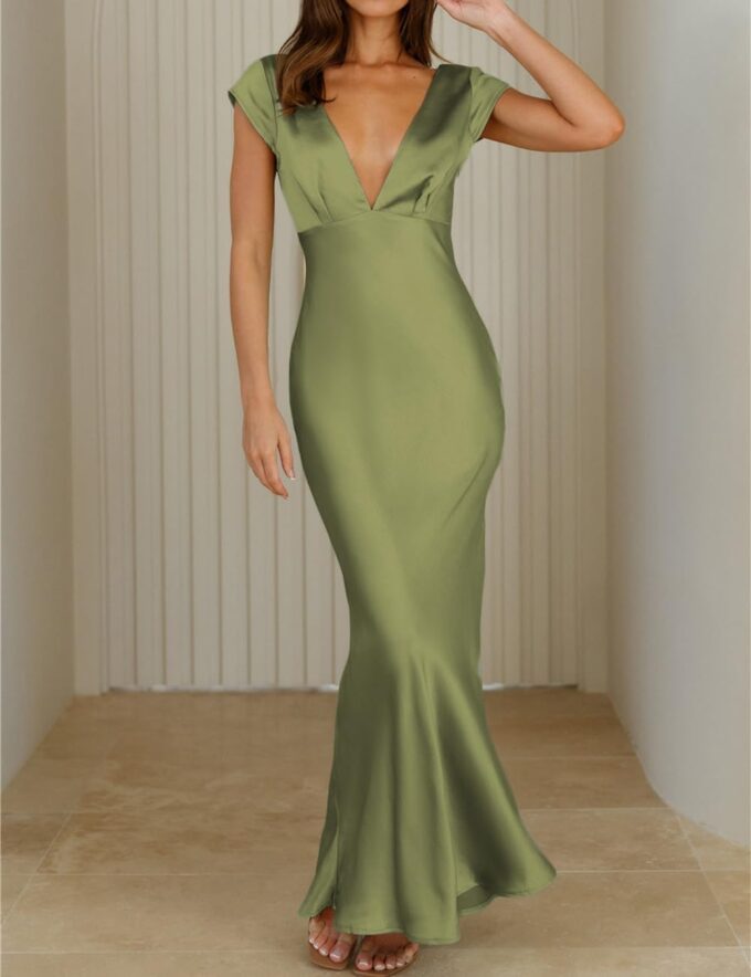 Halfisland Womens Summer Satin V Neck Cap Sleeve Backless Maxi Dress Elegant Twist Cut Out Midi Dresses Wedding Guest – Bild 3