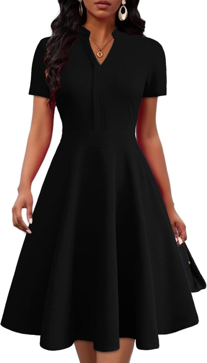 Mokayee Damen-Sommerkleid, kurzärmelig, V-Ausschnitt, figurbetont, halbformelle Arbeit, Hochzeit, Gästekleider mit Taschen