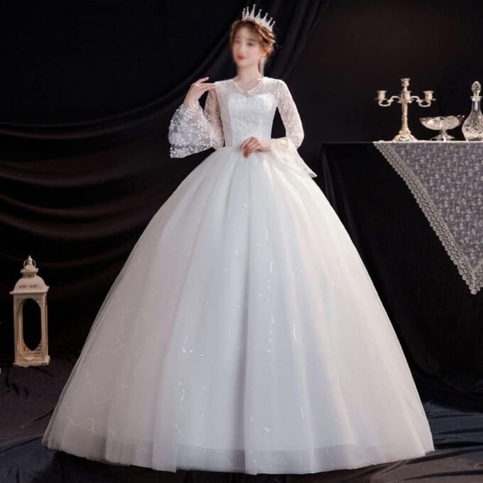 Damen A Linie Prinzessin Tüll Spitze Hochzeitskleider Lange Formale Brautkleider Langarm Spitzenstickerei V-Ausschnitt Vintage Lang Prinzessin Abendkleid – Bild 2