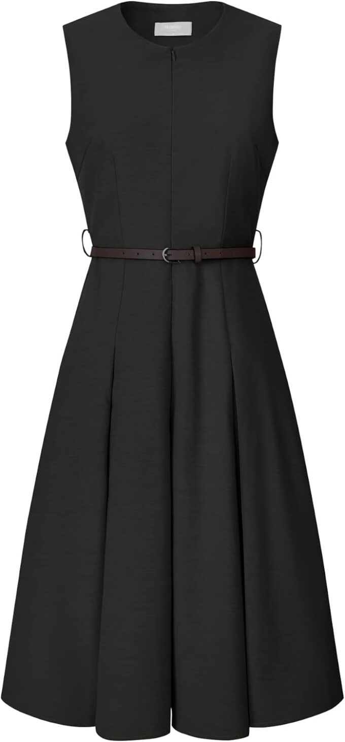 Hobemty Ärmelloses Damenkleid mit Reißverschluss, Gürtel, Passform und ausgestelltes Arbeitskleid