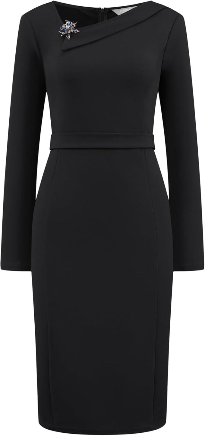Hobemty Women's Elegant Sheath Dress Asymmetrical Neckline Wear to Work Pencil Dresses